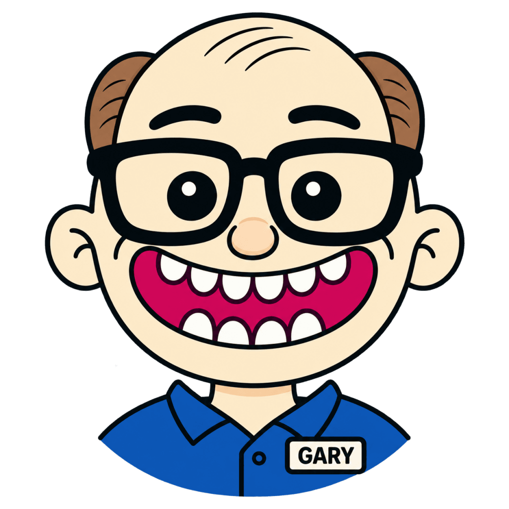 Gary — a wise-cracking bald character with glasses and a blue polo shirt